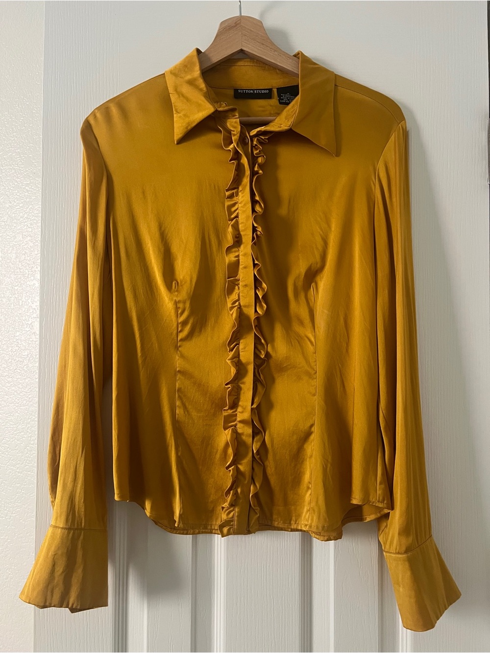 Sutton Studio Silk Golden Mustard Ruffle-Front Satin Button-Down